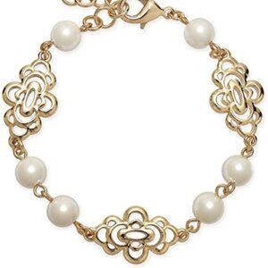 Charter Club Gold-Tone Openwork Flower & Imitation Pearl Link Bracelet